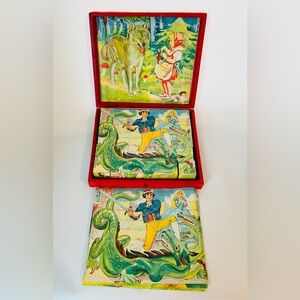 Vintage 1950s Wood Block Puzzle Set - Made in Czechoslovakia - Fairy Tale Litho